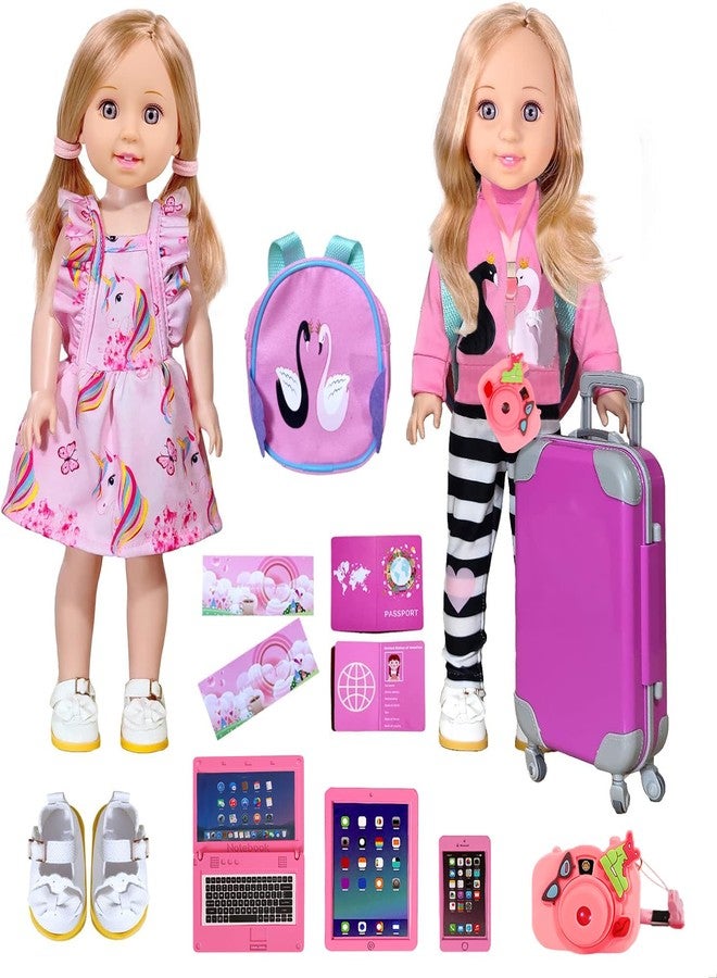 ARTST 14-Inch-Girl-Doll-Travel-Suitcase-Play-Set Doll- Clothes- Accessories Including Luggage Cute Backpack 2 Sets of Clothes- Shoes Camera Computer Phone Tablet Passport (14 inch) - Image 1